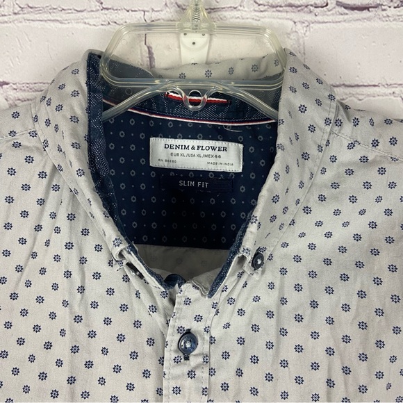 Denim & Flower Men's Light Gray/Blue Print Slim Fit Button Down ShIrt Sz: XL - Picture 3 of 8